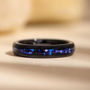 Black Sapphire Ring, 4MM Tungsten Ring With Dark Blue Lab-Grown Sapphire Gemstone Inlay, Modern Mens  wedding band, Blue Ring