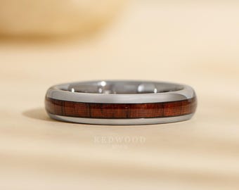 Women's Redwood Ring, Silver Tungsten Ring with Sequoia Red Wood Inlay, Women's Promise Ring, Wood Wedding Ring, Ring for Her, 4mm Band