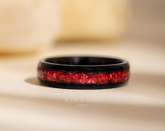 Black Garnet Ring, Tungsten Ring With  Gemstone Inlay, Mens Wedding Band, Gift for Him, Red Ring Gift, Promise Ring, 6MM, Lab Created Garnet