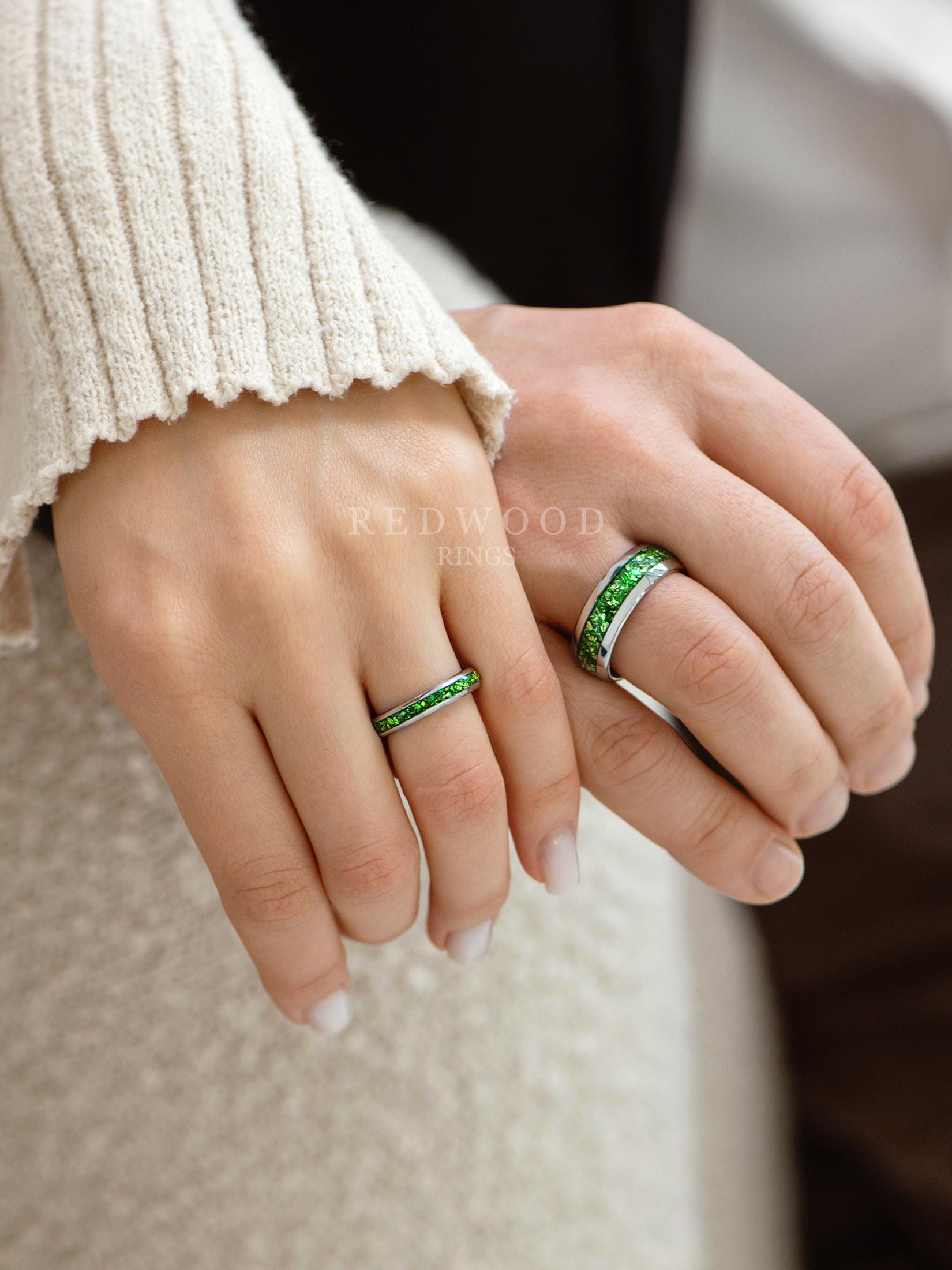 Silver Emerald Ring Set, Matching Wedding Bands, 8MM Ring, 4MM Band, Couples Rings, His and Hers Wedding Bands, Tungsten Rings, Engagement