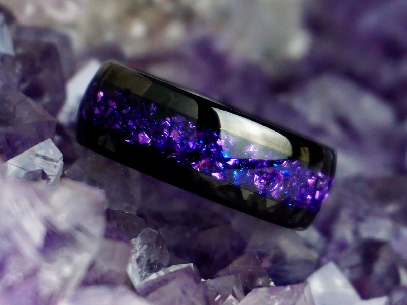 dark purple ring, mens black tungsten, alexandrite inlay, purple amethyst gemstone, wedding ring