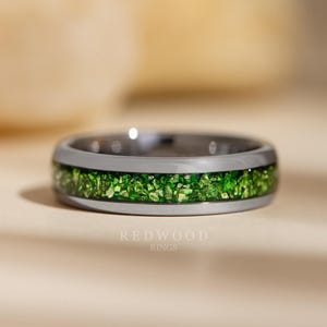 Emerald Tungsten Ring, Gemstone Wedding Band, Silver Lab Emerald Inlay Ring,  6MM Anniversary band,  Green ring, Promise Ring, Men's Women