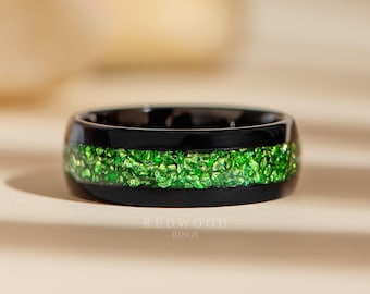 Black Emerald Ring, 8MM Tungsten Ring With Green Lab-Grown Emerald Gemstone Inlay, Men's Wedding Band, Green Band, Women's Birthday Gift