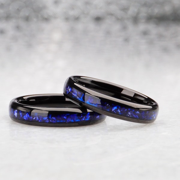 Black Sapphire Ring, 4MM Tungsten Ring With Dark Blue Lab-Grown Sapphire Gemstone Inlay, Modern Mens  wedding band, Blue Ring