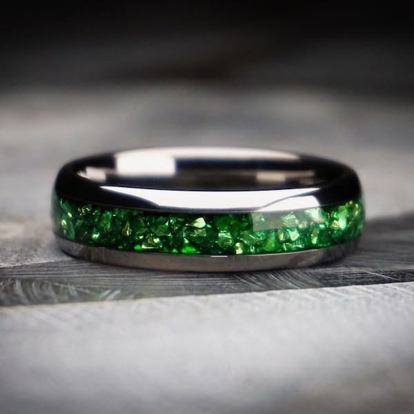 Emerald Tungsten Ring, Gemstone Wedding Band, Crushed Lab Emerald Inlay Ring,  6MM Anniversary band,  Green ring, Promise Ring, Men's Womens