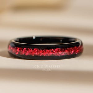 Black and Red Garnet Ring, 4MM Tungsten Ring, Red Lab-Grown Garnet Inlay, Red wedding band, Gift for Her, Women&#39;s Engagement Ring, Mens Ring