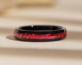 Black and Red Garnet Ring, 4MM Tungsten Ring, Red Lab-Grown Garnet Inlay, Red wedding band, Gift for Her, Women's Engagement Ring, Mens Ring