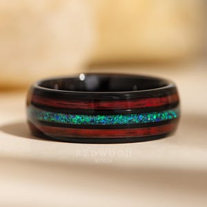 Redwood Opal ring, Natural Sequoia Wood and Green Opal Inlay, Men&#39;s Wedding Ring, Wood Ring, 8MM Width, Engagement Ring, Black Tungsten Ring