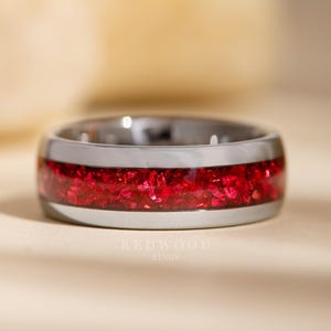 Silver Garnet Tungsten Ring, Gemstone Wedding Band, Crushed Lab Created Garnet Red Inlay, 8MM Anniversary Band, Red Ring, Men&#39;s Ring