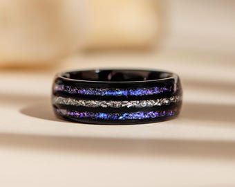 Space Themed Ring: Black Tungsten with Galaxy and Meteorite, 8MM Band