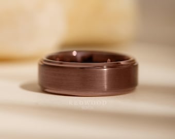 Brown Tungsten Ring, Brushed Wedding Band, 8MM Width, Chocolate Espresso Ring, Comfort Fit Band, Tungsten Carbide Ring, Mens Engagement ring