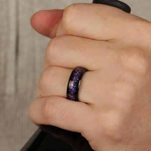 Lab Alexandrite Ring, Black Wedding Band, Polished Tungsten Band, Anniversary Gift , Purple Ring, Promise Ring 8MM, Men's Band, Womens Ring image 7