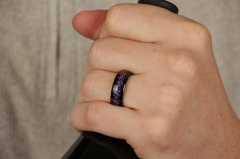 Lab Alexandrite Ring, Black Wedding Band, Polished Tungsten Band, Anniversary Gift , Purple Ring, Promise Ring 8MM, Men's Band, Womens Ring image 7