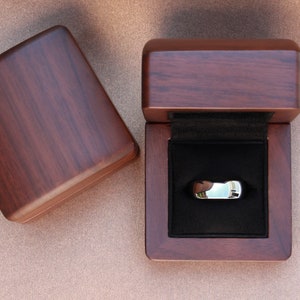 classic silver tungsten ring, unique mens wedding ring, shiny silver polished ring, walnut wood box