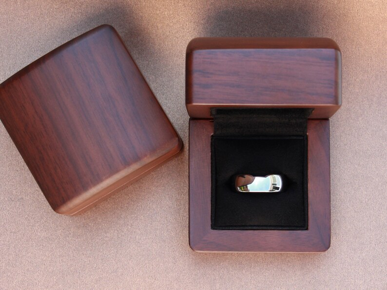 classic silver tungsten ring, unique mens wedding ring, shiny silver polished ring, walnut wood box
