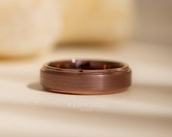 Brown Tungsten Ring, Stepped Edge Gentlemans Band, 6MM Width, Chocolate Espresso, Comfort Fit Ring, Tungsten Carbide Band