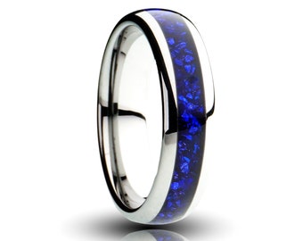 Mens Sapphire Ring, Silver Tungsten Ring,  Dark Blue Lab Created Sapphire Gemstone Inlay, 6MM Width Mens Wedding Band, Blue Ring