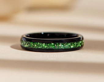 Black Emerald Ring, 4MM Tungsten Ring With Green Lab-Grown Emerald Gemstone Inlay, Women's Wedding Band, Green Ring, Men's Band
