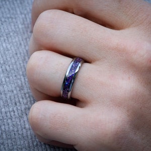tungsten alexandrite ring, silver tungsten band with crushed purple alexandrite inlay, unique mens wedding ring