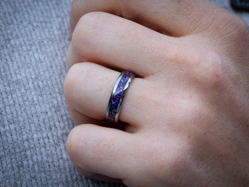tungsten alexandrite ring, silver tungsten band with crushed purple alexandrite inlay, unique mens wedding ring
