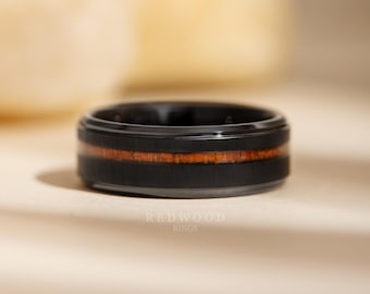 Koa Wood Ring, Black Tungsten Aloha Ring, Wood Engagement Ring, Wedding Ring, Mens Jewelry, 8mm Band, Men&#39;s Ring, Anniversary ring