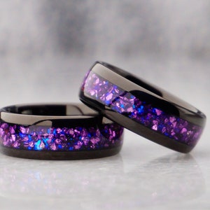 8mm purple alexandrite ring, polished black  tungsten ring with purple lab alexandrite gemstone inlay, modern mens wedding ring
