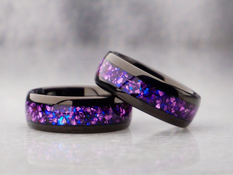 Lab Alexandrite Ring, Black Wedding Band, Polished Tungsten Band ...