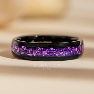 Lab Amethyst Band, Black Plated Tungsten 6MM ring, Wedding Ring, Men&#39;s Ring,  Engagement Band, Purple Ring, Gemstone Ring, Women&#39;s Ring