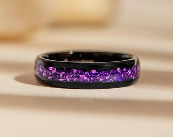 Lab Amethyst Band, Black Plated Tungsten 6MM ring, Wedding Ring, Men's Ring,  Engagement Band, Purple Ring, Gemstone Ring, Women's Ring