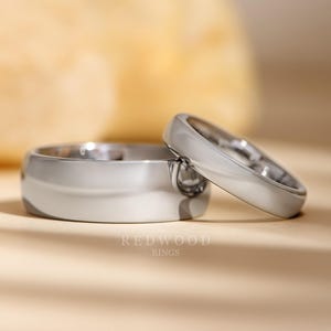 Silver Ring Set, Matching Wedding Bands, 8MM Ring, 4MM Band, Couples Rings, His and Hers Wedding Band, Tungsten Engagement Rings