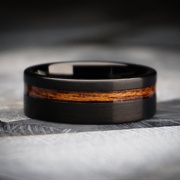 Redwood Ring, 8mm Black Tungsten Ring, Genuine Sequoia Wood Strip Band, Engagement Ring,  Men's Wedding Band, Wood Ring, Women's Ring