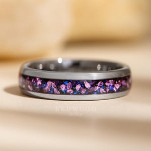 Silver Alexandrite Ring, Crushed Purple Gemstone Wedding Band, Tungsten Ring, 6MM Ring, Engagement Ring, Lab Created Alexandrite