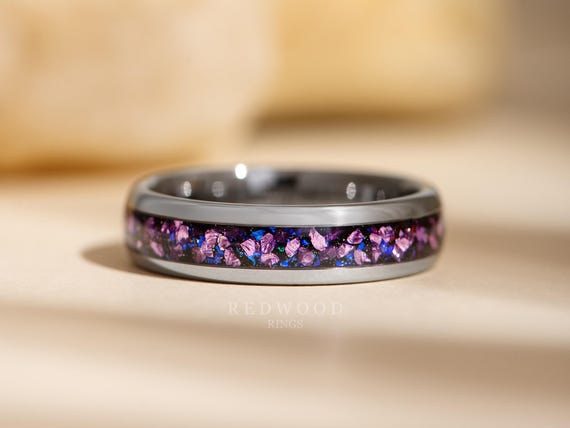Silver Alexandrite Ring, Crushed Purple Gemstone Wedding Band, Tungsten Ring, 6MM Ring, Engagement Ring, Lab Created Alexandrite
