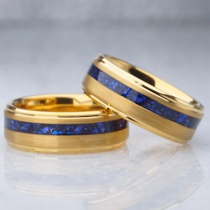 Gold Sapphire Gentleman&#39;s Band, 8mm Men&#39;s Tungsten Ring, Brushed Gold Plated Ring with Blue Lab Sapphire Inlay, Gift For Him