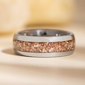 Morganite Ring, Tungsten Ring With Peach Pink Lab Created Morganite Inlay, Men&#39;s Wedding Band, Anniversary Gift, Women&#39;s Ring, Silver Ring