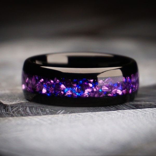 Lab Alexandrite Ring, Black Wedding Band, Polished Tungsten Band,  Anniversary Gift , Purple Ring, Promise Ring 8MM, Men's Band, Womens Ring