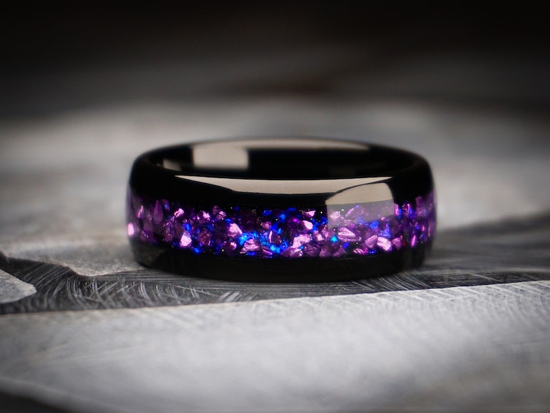 black ring with purple lab alexandrite gemstone, black purple tungsten ring, 8mm width, unique guitar mens wedding ring, dark stone