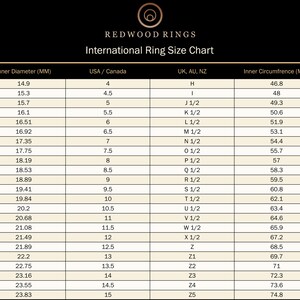 Redwood Rings International Ring Size Chart, ring size guide for US and european sizes, millimeter diameter and circumference