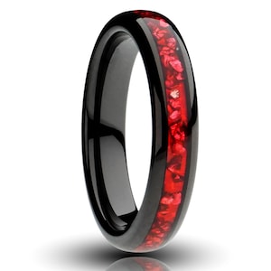 Black and Red Garnet Ring, 4MM Tungsten Ring, Red Lab-Grown Garnet Inlay, Red wedding band, Gift for Her, Women's Engagement Ring, Mens Ring