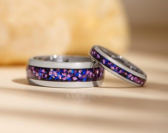 Alexandrite Ring Set, Matching Wedding Bands, 8MM and 4MM Men&#39;s and Women&#39;s ring set, Silver Tungsten Lab Created Alexandrite Gemstone Ring