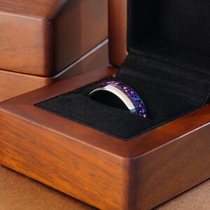 silver alexandrite tungsten ring, silver polished 8mm ring with purple lab alexandrite inlay, mens wedding band, luxury wood ring box