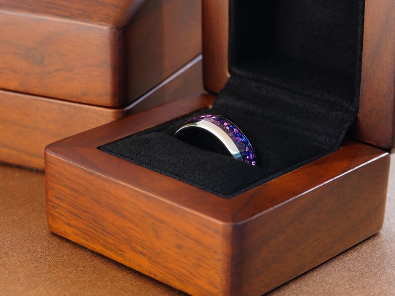 silver alexandrite tungsten ring, silver polished 8mm ring with purple lab alexandrite inlay, mens wedding band, luxury wood ring box