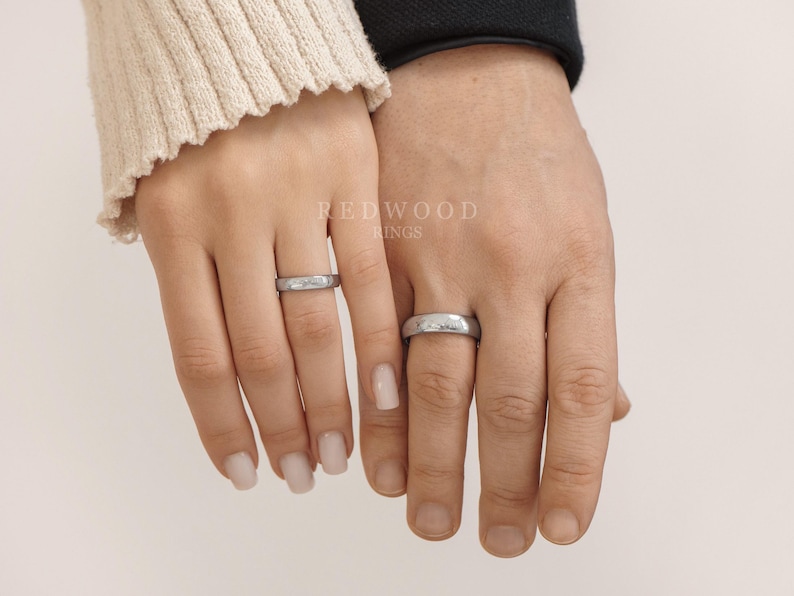 Silver Ring Set, Matching Wedding Bands, 8MM Ring, 4MM Band, Couples Rings, His and Hers Wedding Band, Tungsten Engagement Rings image 2