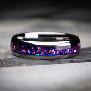 Silver Alexandrite Ring, Crushed Gemstone Wedding Band, Tungsten Ring , Purple Ring, 6MM Ring, Engagement Ring, Lab Created Alexandrite