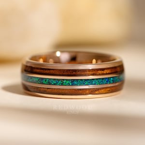 Rose Gold Redwood Opal Ring, Sequoia Wood With Lab Blue Green Opal Band, Wood Ring, Men&#39;s Wedding Band, 8mm Ring, Mens Engagement Ring