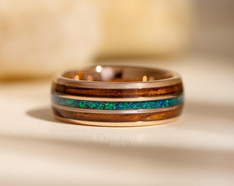 Rose Gold Redwood Opal Ring, Sequoia Wood With Lab Blue Green Opal Band, Wood Ring, Men&#39;s Wedding Band, 8mm Ring, Mens Engagement Ring