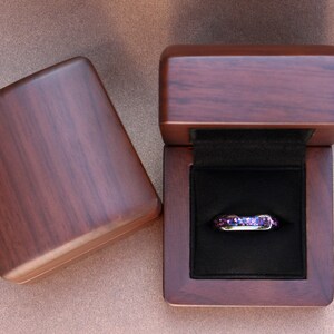 alexandrite tungsten 6mm ring, silver polished ring with purple lab alexandrite inlay, unique unisex wedding ring, walnut wood box