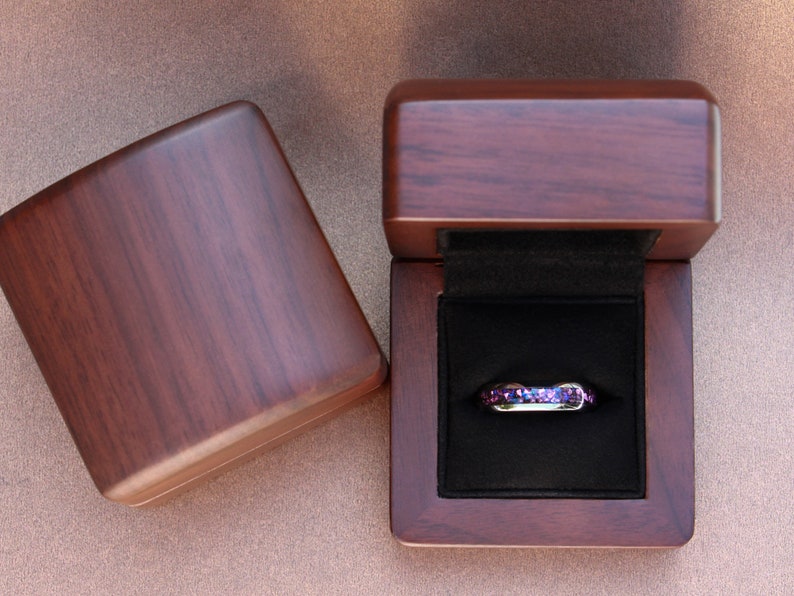 alexandrite tungsten 6mm ring, silver polished ring with purple lab alexandrite inlay, unique unisex wedding ring, walnut wood box