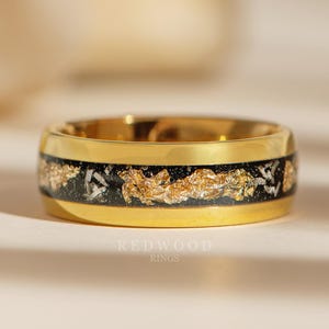 Meteorite & Gold Leaf Men&#39;s Wedding Band - Unique 8MM Tungsten Ring, Meteorite and Gold Foil Inlay, Gold Plated Tungsten Ring, Gift For Him