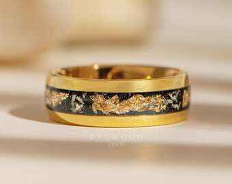 Meteorite & Gold Leaf Men's Wedding Band - Unique 8MM Tungsten Ring, Meteorite and Gold Foil Inlay, Gold Plated Tungsten Ring, Gift For Him